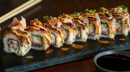 An assortment of sushi rolls featuring different toppings and fillings, served on a dark stone plate with chopsticks and soy sauce placed nearby.