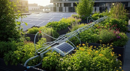 Urban Rooftop Garden with Solar Panels: Sustainable Green Living.