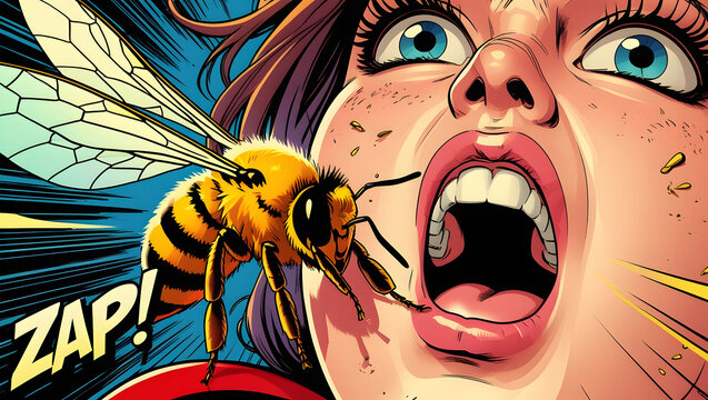 bee sting on swollen hand. Comic-style woman screaming with a bee approaching her face 