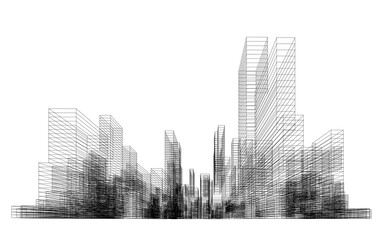3D wireframe perspective of building. Abstract wireframe city background for template design. Illustration graphic.