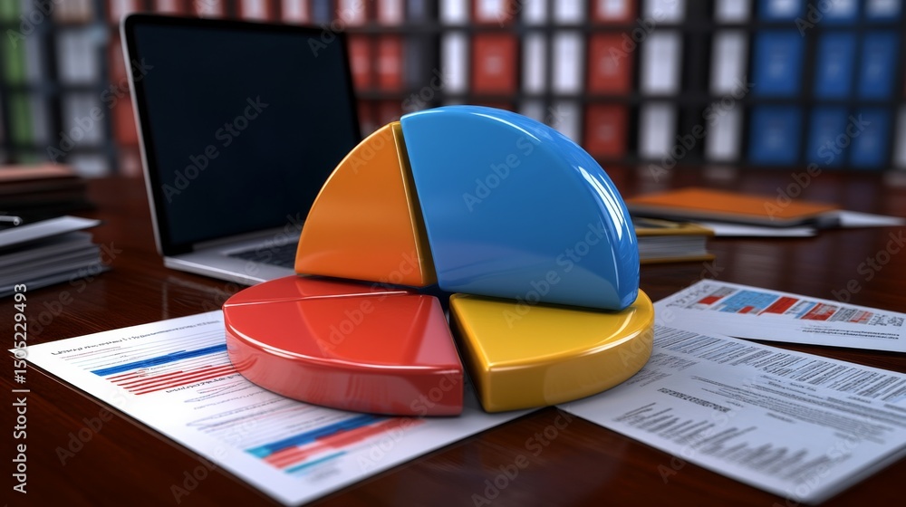 Poster a d pie chart with financial data floating above a business desk with a laptop and documents