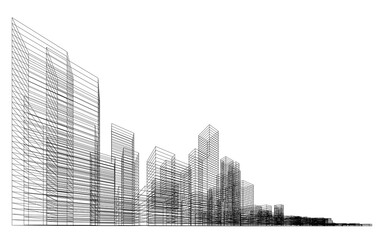 Fototapeta premium 3D wireframe perspective of building. Abstract wireframe city background for template design. Illustration graphic.