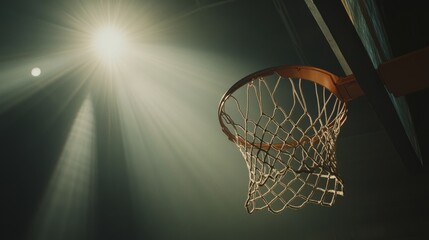 A basketball hoop with the net swaying as the ball goes through, captured from a low angle