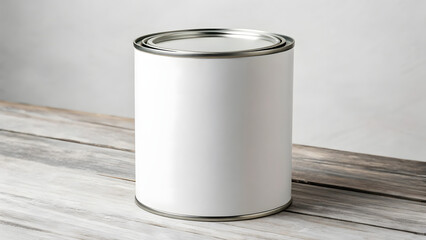 Metal paint bucket mockup with empty white label on wooden planks background, ideal for product presentation, branding template, or design showcase
