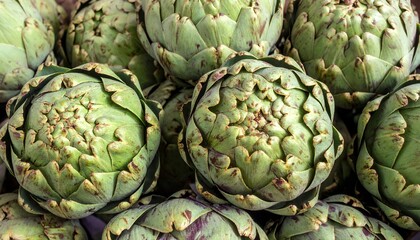 Fototapeta premium A close-up view showcases several fresh artichokes, displaying their textured leaves and green and purple hues.