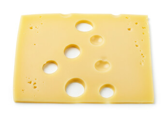 Close up shot of a perfect slice of swiss cheese on a clean white background.