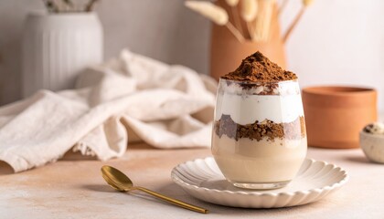Obraz premium A layered dessert with a cocoa powder topping sits on a decorative plate, showcasing sweet flavors and a lovely presentation.