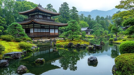 Serene Japanese garden with pagoda, pond, and moss