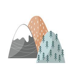 Cute hand drawn nursery poster with hand drawn mountains group. Vector illustration in Scandinavian style