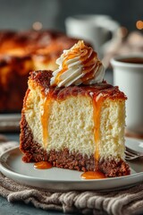 single slice cheesecake on a clean white plate, clean background, modern food styling, dramatic lighting, high-end product shot.