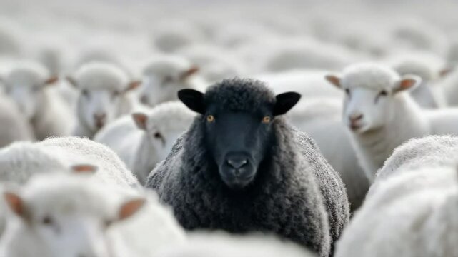 Among a flock of white sheep, a black sheep is conspicuous.
