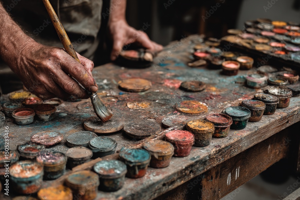 Poster artist at work using vibrant paints in a creative studio during the afternoon while preparing for a 
