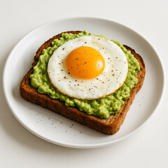 Top view of avocado toast with sunny-side-up egg on white ceramic plate, clean minimal background