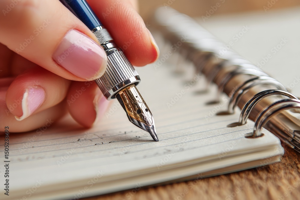 Aufkleber writing in a notebook with a fountain pen, capturing thoughts and ideas during a creative session at