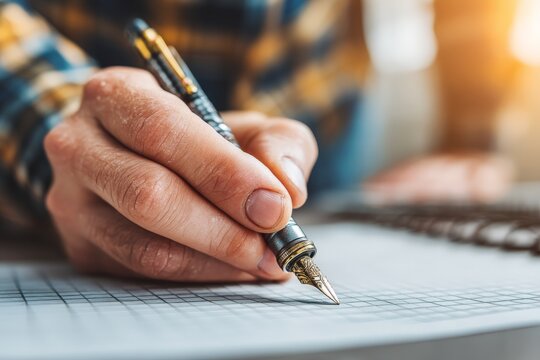 Person writing with a fountain pen on grid paper during afternoon light in a cozy workspace - Powered by Adobe