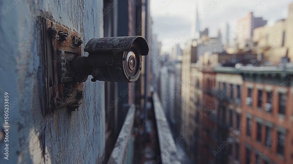 Poster a close-up of a bullet-style cctv camera mounted on a building, with a blurred background of the cit
