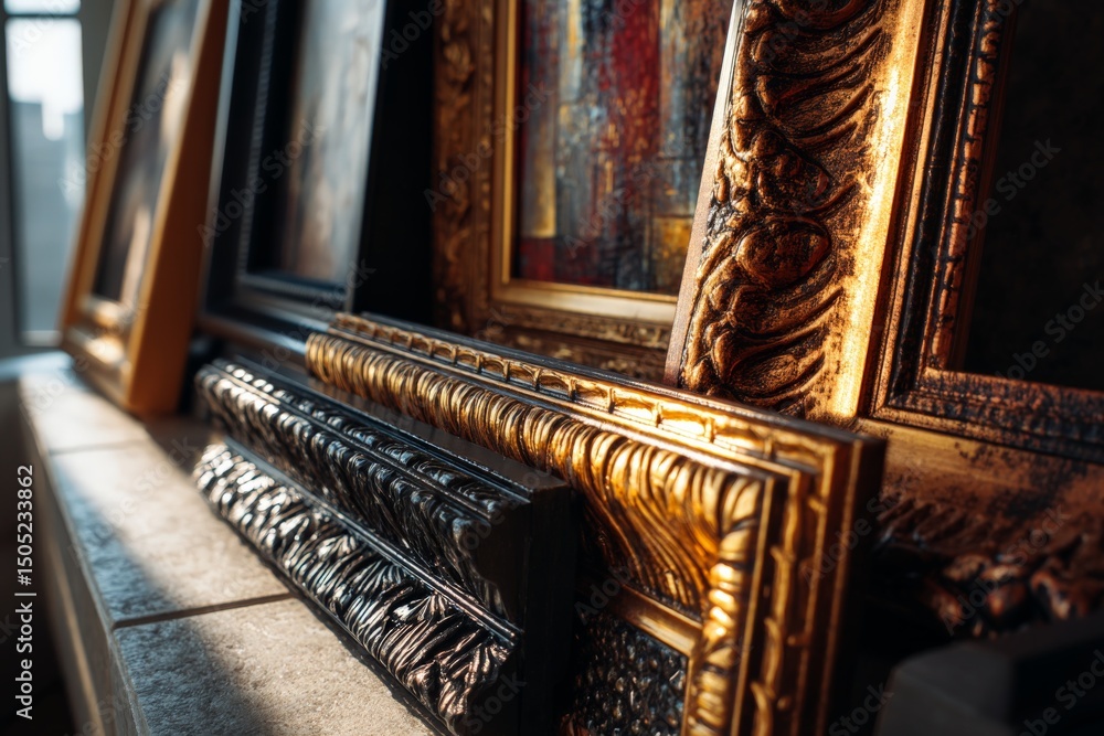 Poster various ornate picture frames arranged on a wooden shelf illuminated by natural light in an art stud