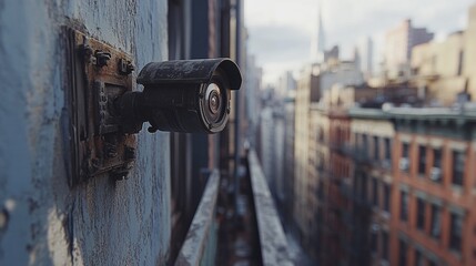 A close-up of a bullet-style CCTV camera mounted on a building, with a blurred background of the cityscape, emphasizing its surveillance role in urban areas.