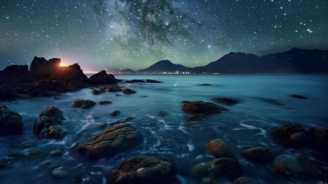 Stunning night sky full of stars over a serene ocean landscape with rocky shores and distant mountains.