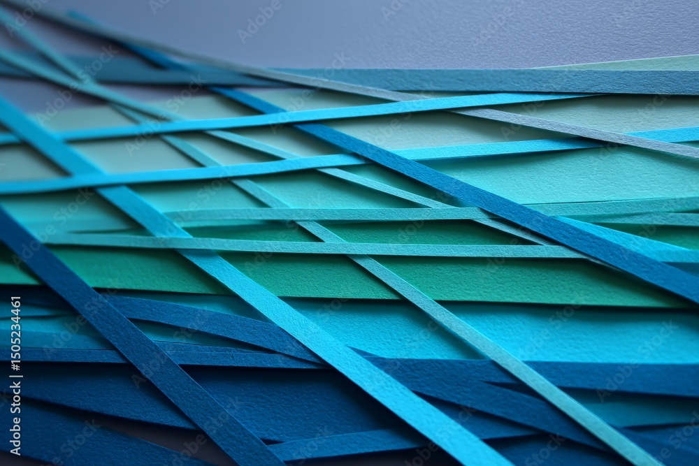 Poster colorful blue and green paper strips arranged in a dynamic pattern for creative projects and craftin