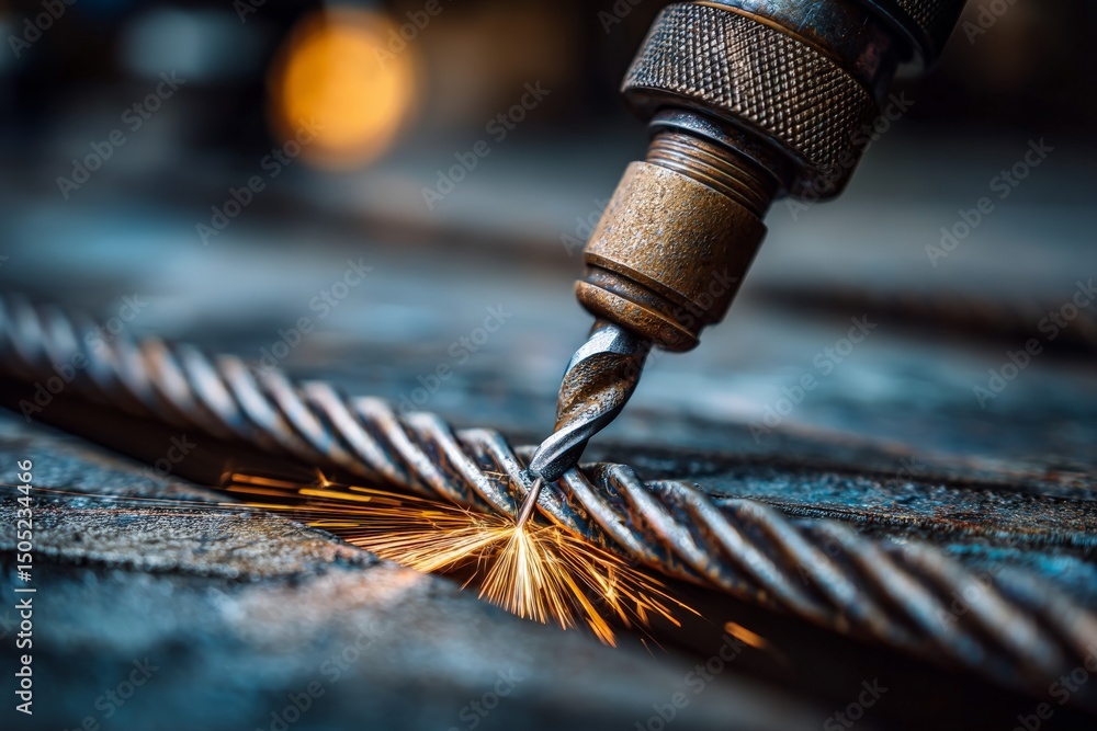 Poster Precision metal cutting process with sparks flying from a drill on twisted metal wire in a workshop setting