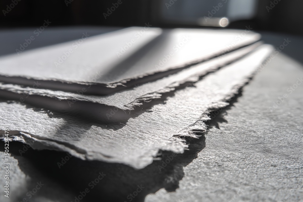 Poster Papers stacked on a table illuminated by soft sunlight creating a serene artistic atmosphere