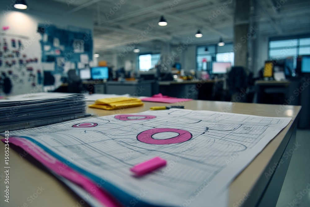 Poster creative workspace filled with design plans, sketches, and colorful sticky notes during work hours a