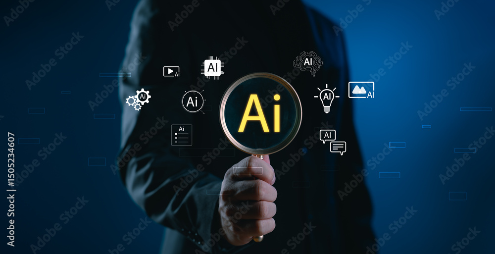Poster artificial intelligence search and selection concept with magnifying glass highlighting ai icons. re