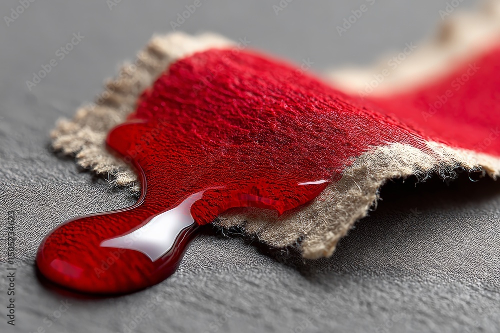 Poster focus on a vivid red liquid oozing from a fabric surface against a gray background