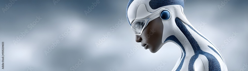 Poster portrait of a futuristic warrior with biomechanical armor, illuminated by the soft glow of hovering 