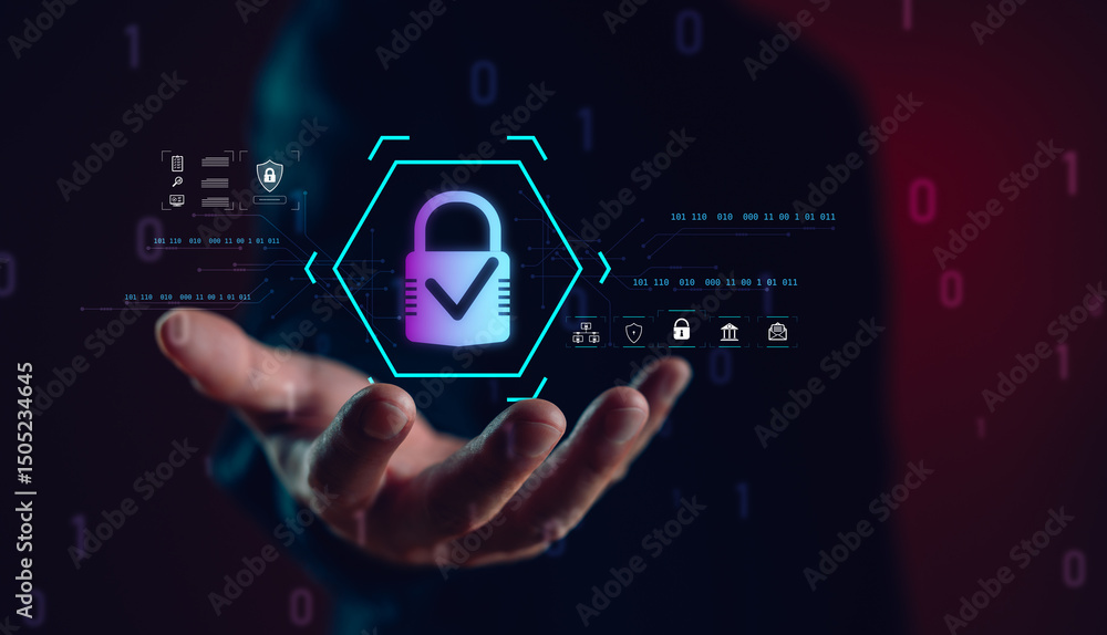 Poster cybersecurity concept with digital padlock icon and data protection interface. futuristic design rep