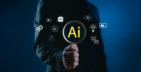 Artificial intelligence search and selection concept with magnifying glass highlighting AI icons. Represents finding the right AI tools, automation solutions, and intelligent digital systems.