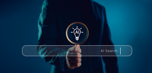 AI-powered search technology concept with magnifying glass and lightbulb icon. Represents advanced information retrieval, smart suggestions, digital assistant, and intelligent search engine systems.