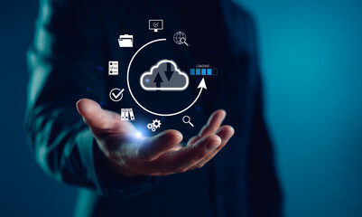 Cloud computing concept with data synchronization and file sharing icons. Modern technology design...
