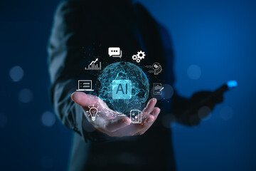 Global AI technology concept with digital connection and smart interface. Represents artificial intelligence, cloud computing, data sharing, and worldwide smart internet communication systems.