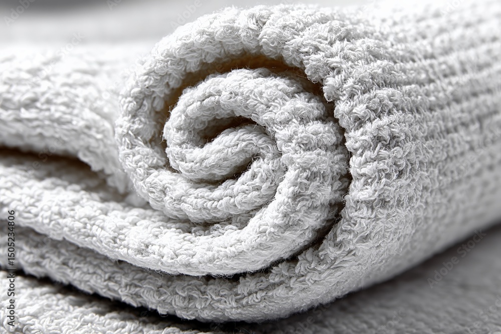 Aufkleber Soft white towel rolled neatly on a surface with textured fabric highlighting its quality and comfort