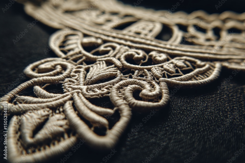 Poster intricate embroidery design on fabric showcasing fine craftsmanship and detailing in bright threads