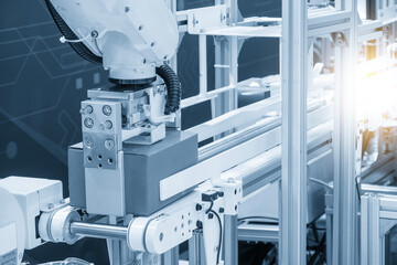 The high technology for material handling process the carton box by robotic arm in the light blue scene.