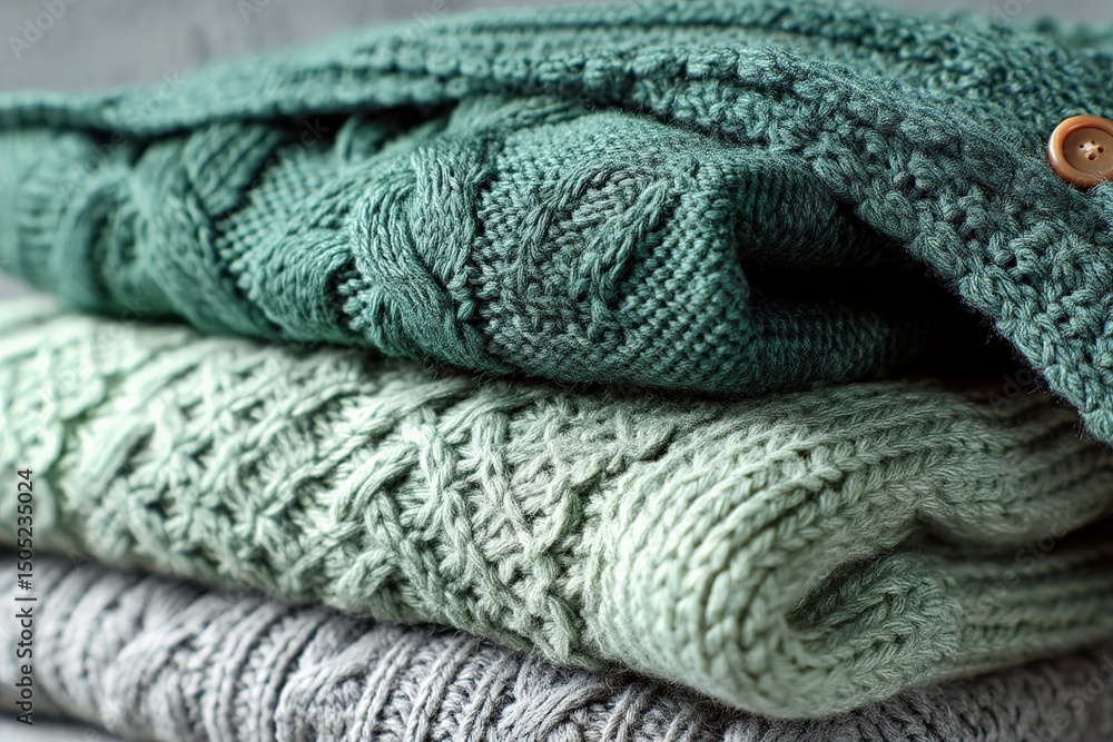 Poster warm and cozy knitted sweaters stacked neatly in soft tones with intricate patterns for stylish autu