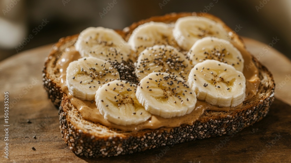 Poster A close-up of a slice of whole grain toast topped with peanut butter and banana slices, sprinkled with chia seeds, showcasing a nutritious snack option.