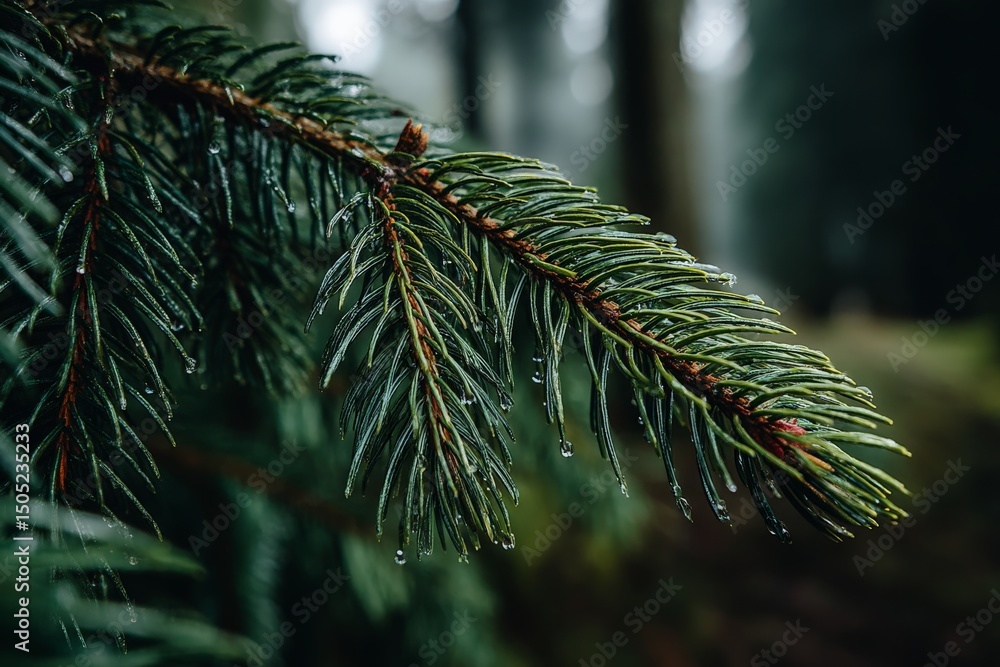 Poster rain droplets glisten on a pine tree branch in a serene forest setting during a misty morning