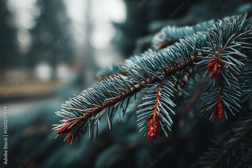 Aufkleber Close-up view of a pine tree branch with vibrant needles and new cones in a forested area during early morning light