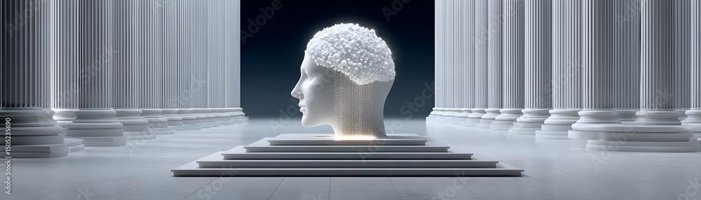 Poster ethereal futuristic oracle with a shimmering data veil cascading from their face, standing in a gran
