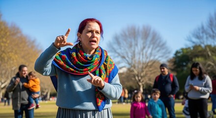 Fototapeta premium Woman gesturing and talking in a park with people around on a sunny day on a lecture setting