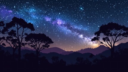 Naklejka premium Night Sky Over Silhouetted Trees and Mountains