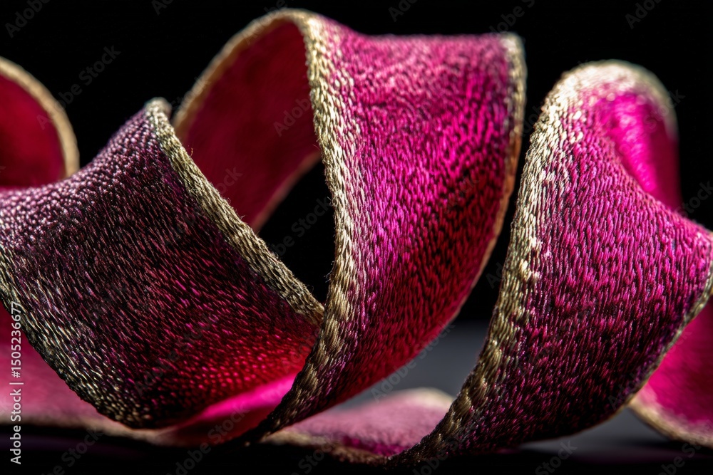 Poster Colorful ribbon displayed elegantly with a shimmering texture and intricate weaving in a dark background