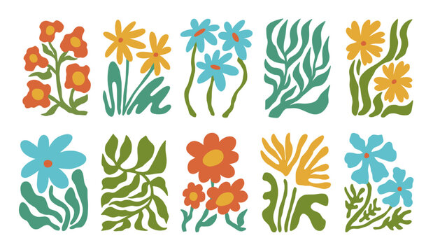 Set of groovy abstract botanical floral background in trendy naive retro hippie 60s 70s style. Vertical poster with abstract wavy flower