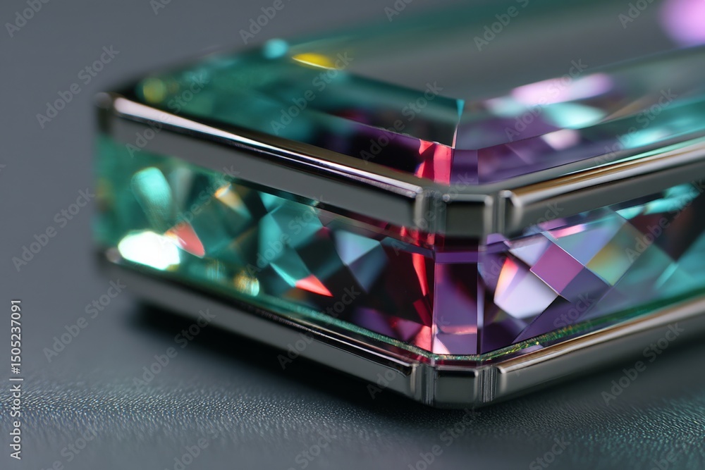 Poster Colorful crystal object with reflections captured in close-up view showcasing intricate facets and vibrant colors