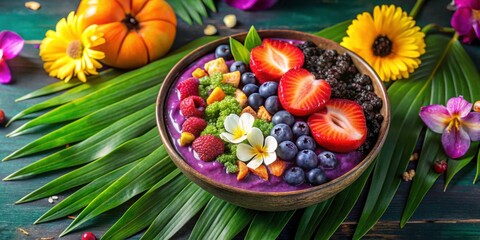 A vibrant a?a? pot perched on a rich purple surface, surrounded by lush greenery and exotic flowers , fruit arrangement, healthy living