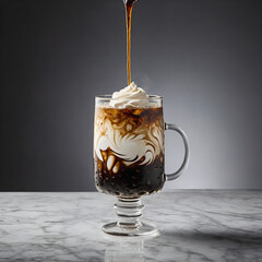 Cold Brew Coffee in Mason Jar with Ice Cubes and Cream Swirl on Black Background &ndash; Minimalist Style